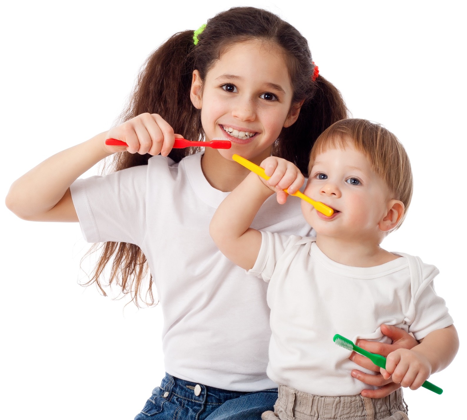 Girl teaches boy brushing teeth