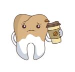 Zahn mit Verfärbung und Kaffeebecher